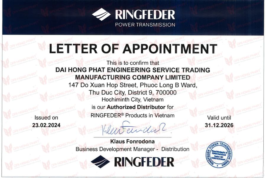 Giấy chứng nhận Đại Hồng Phát là Đại diện ủy quyền Ringfeder Germany