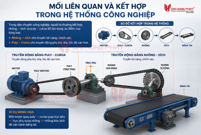 Mối quan hệ Nhông công nghiệp TB Cross+Morse - xích - dây curoa