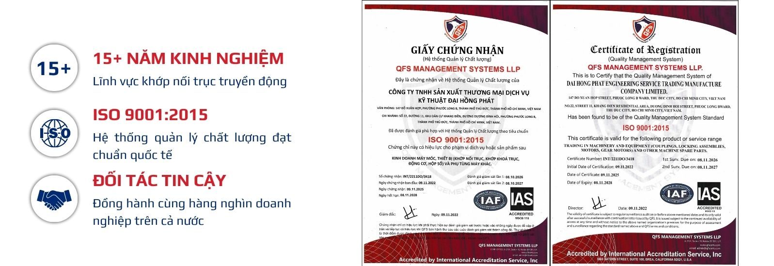 Đại Hồng Phát đạt chứng nhận ISO 9001:2015