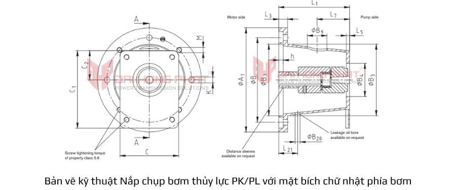 Bản vẽ kỹ thuật Nắp chụp bơm thủy lực PK/PL với mặt bích chữ nhật phía bơm