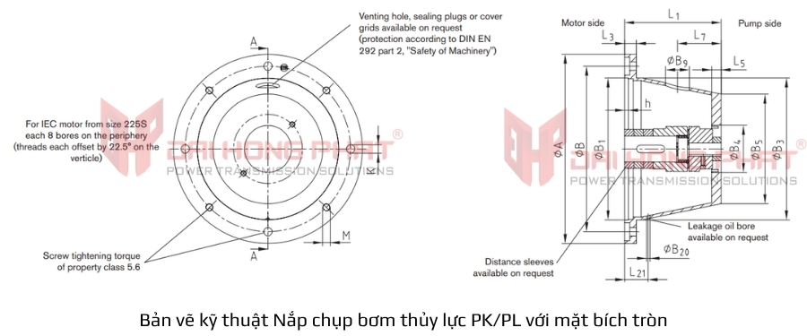 Bản vẽ kỹ thuật Nắp chụp bơm thủy lực PK/PL với mặt bích tròn